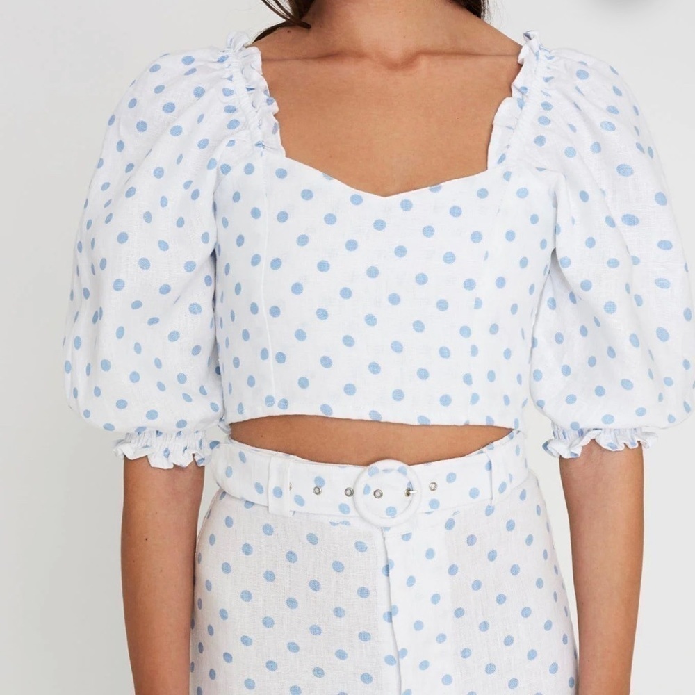 Faithfull the Brand linen blue polka dot crop top NWT